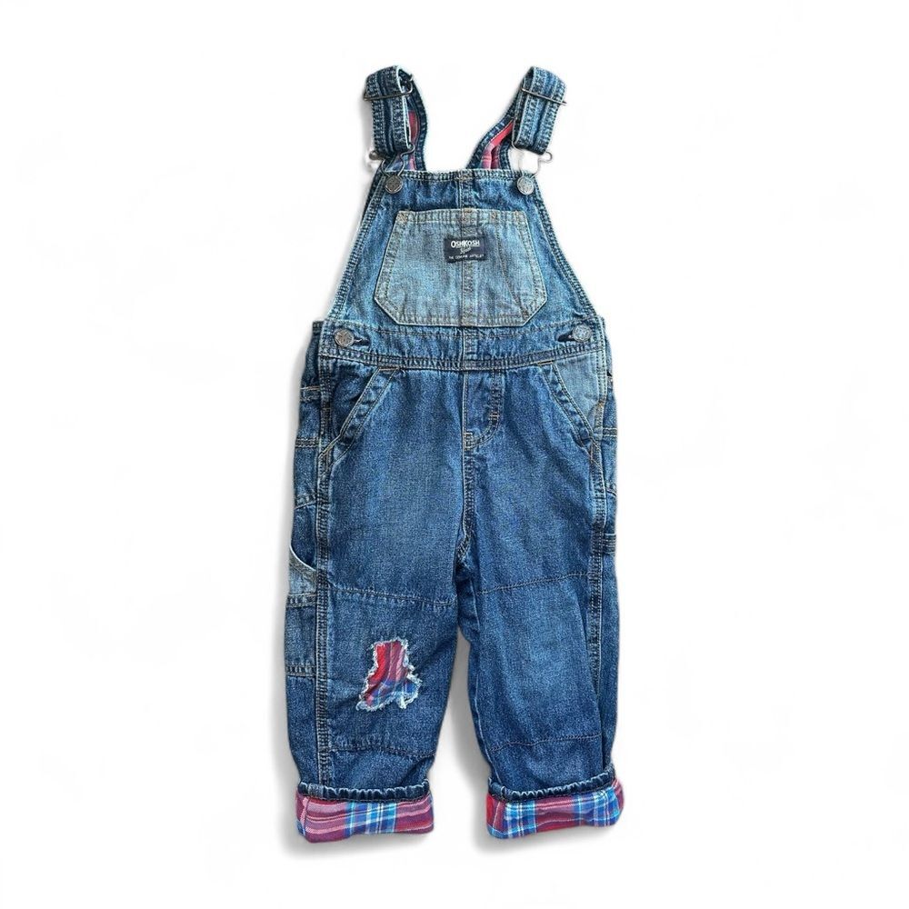 OshKosh B’gosh Denim Overalls Plaid Lined Patchwork Size 2T Y2K Mini-Me